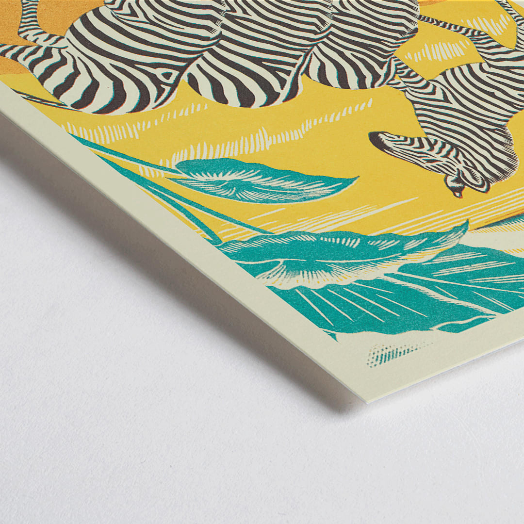 Closeup detail of Zebras drinking at a waterhole in vibrant jungle scenery illustration by Clifford Webb from A Jungle Picnic Pl 25 Zebra poster